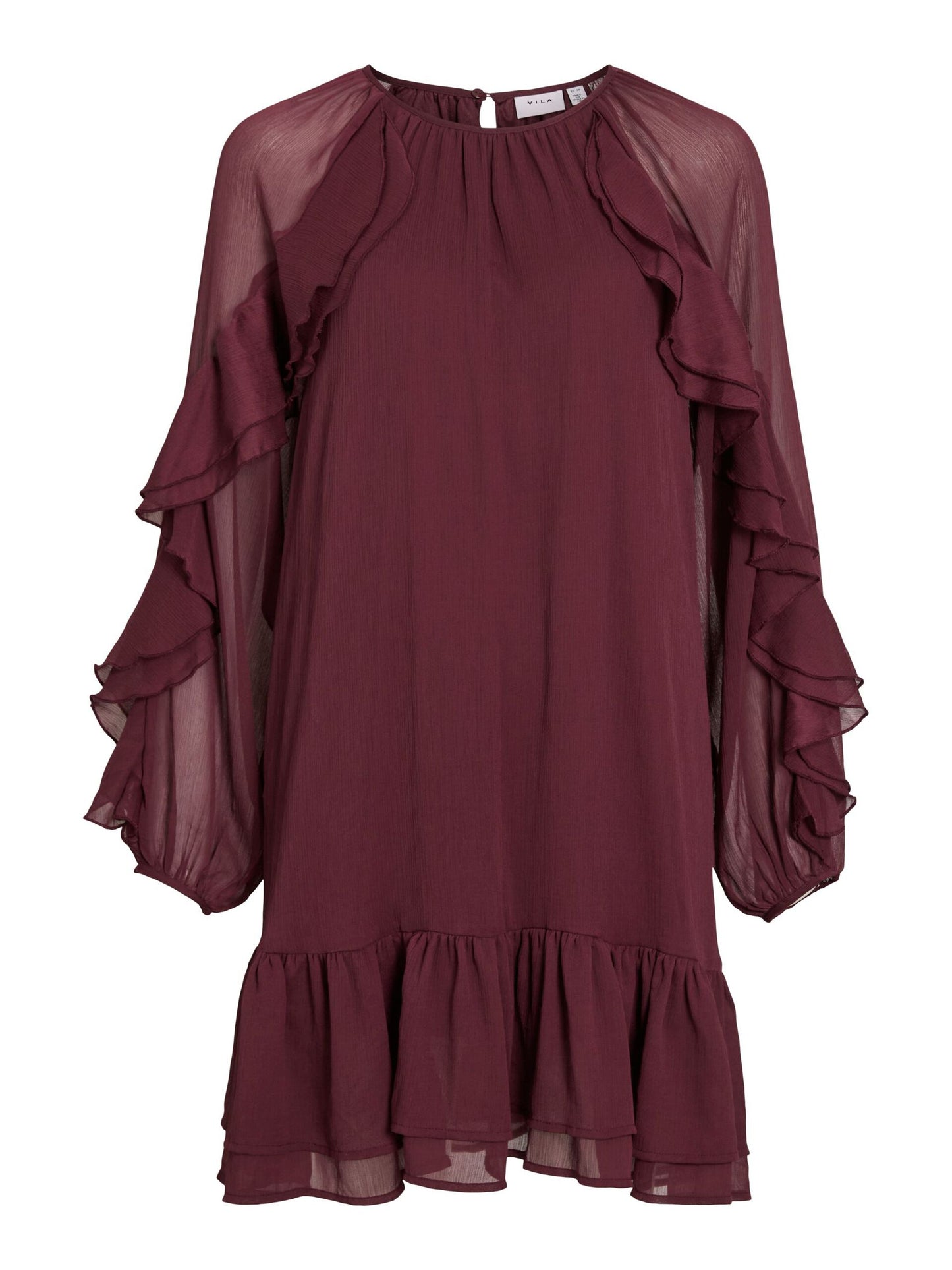 VL VIBINNA O-NECK L/S FRILL DRESS - Bordaux
