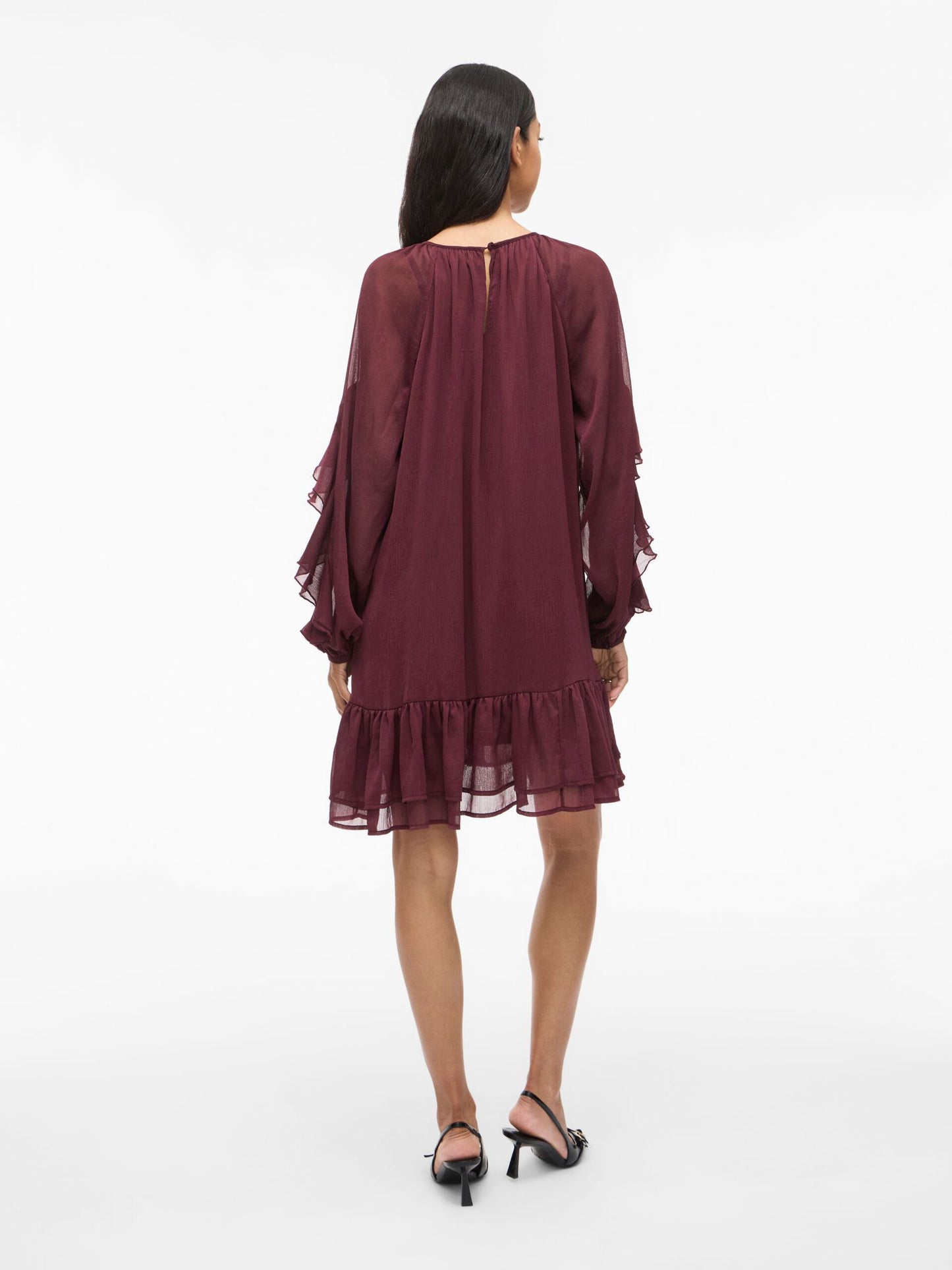 VL VIBINNA O-NECK L/S FRILL DRESS - Bordaux