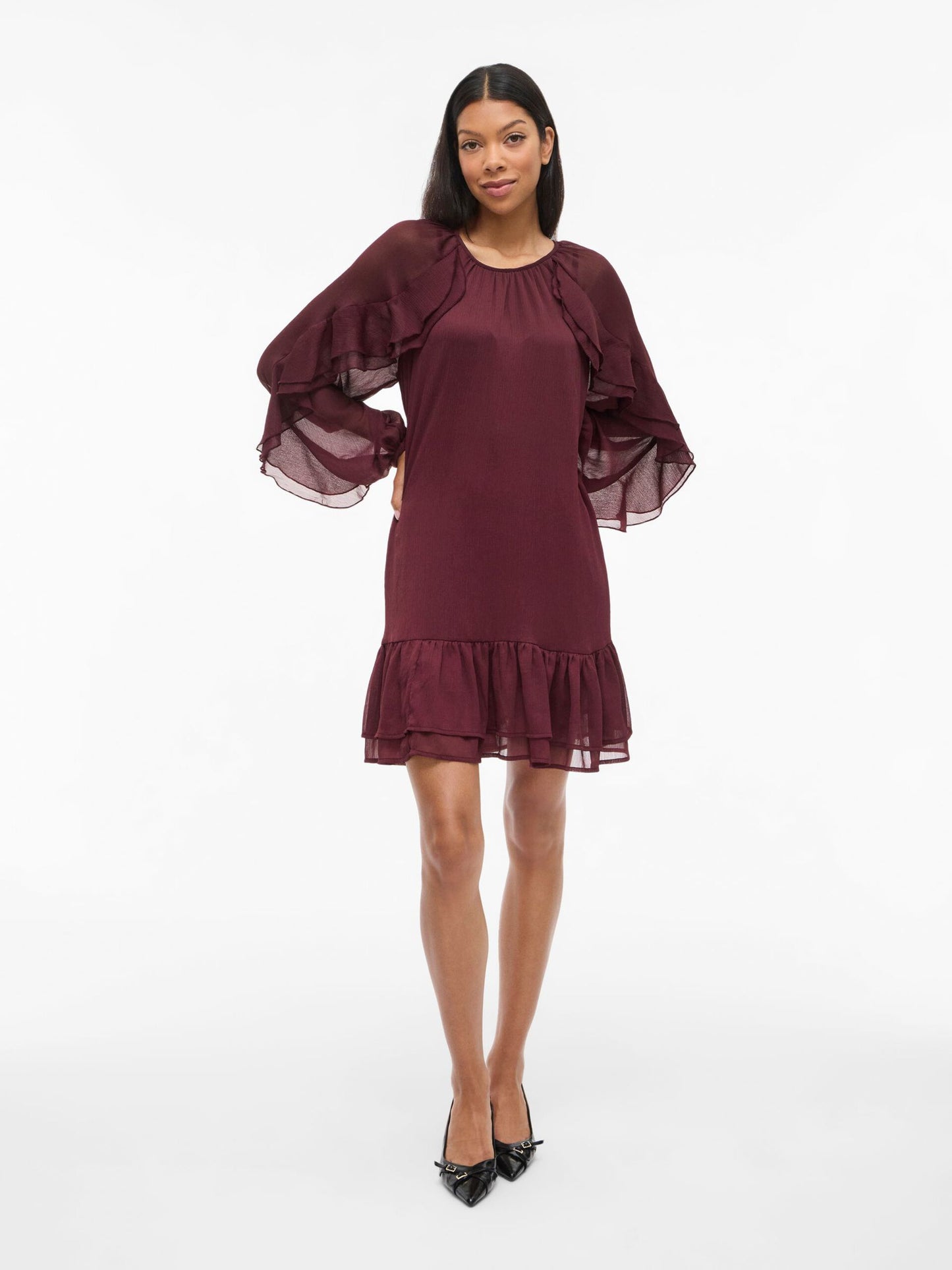VL VIBINNA O-NECK L/S FRILL DRESS - Bordaux