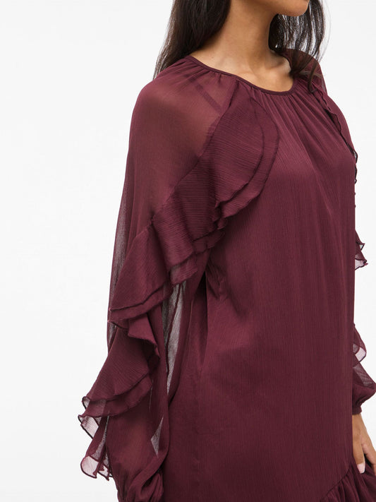 VL VIBINNA O-NECK L/S FRILL DRESS - Bordaux
