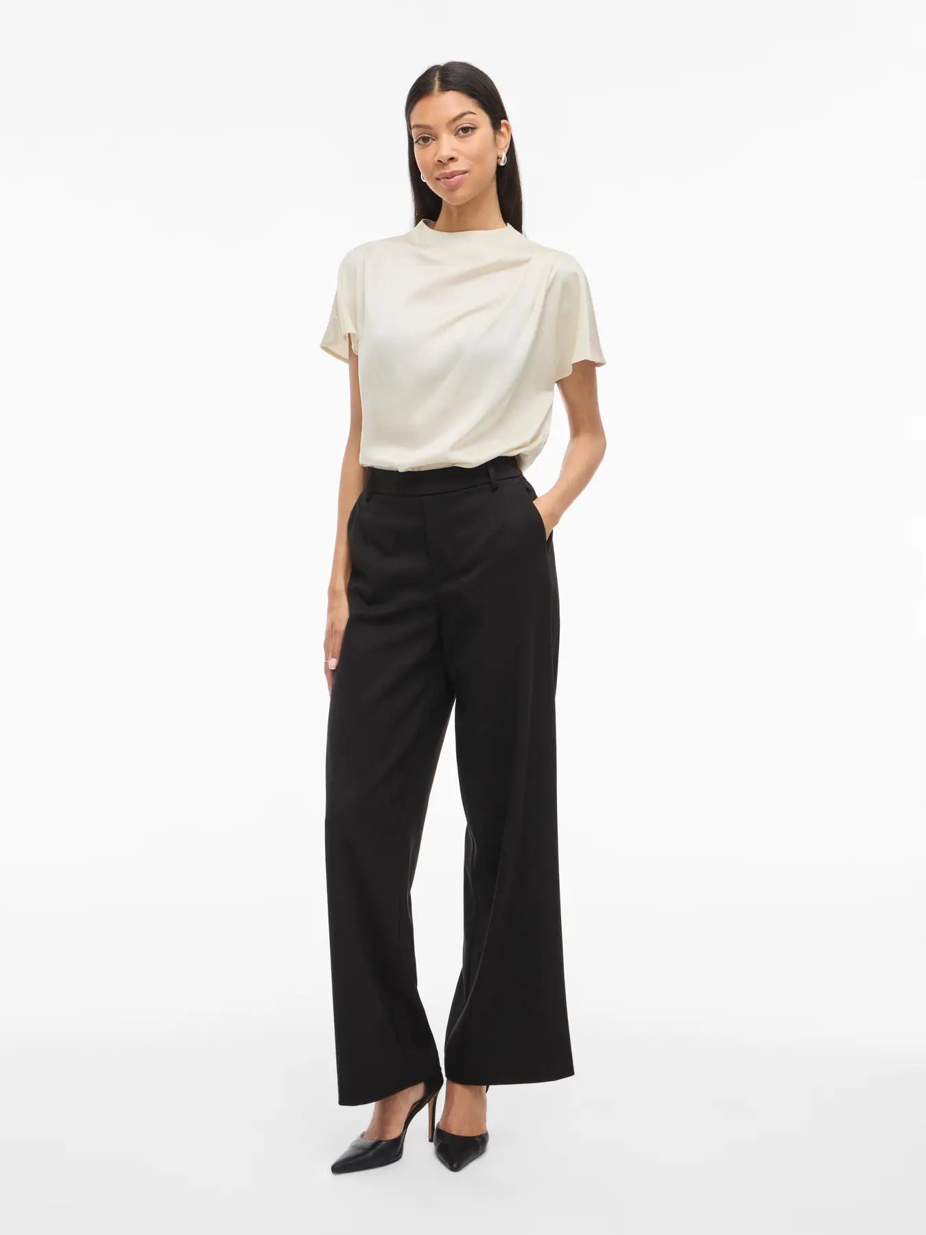 VL VIELMINA FUNNEL NECK S/S BLUSE TOP - white/cream