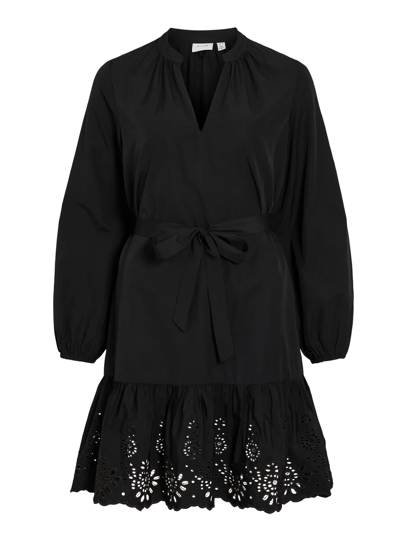 VIKELLI V-NECK L/S DRESS - sort m/blonder og bindebånd