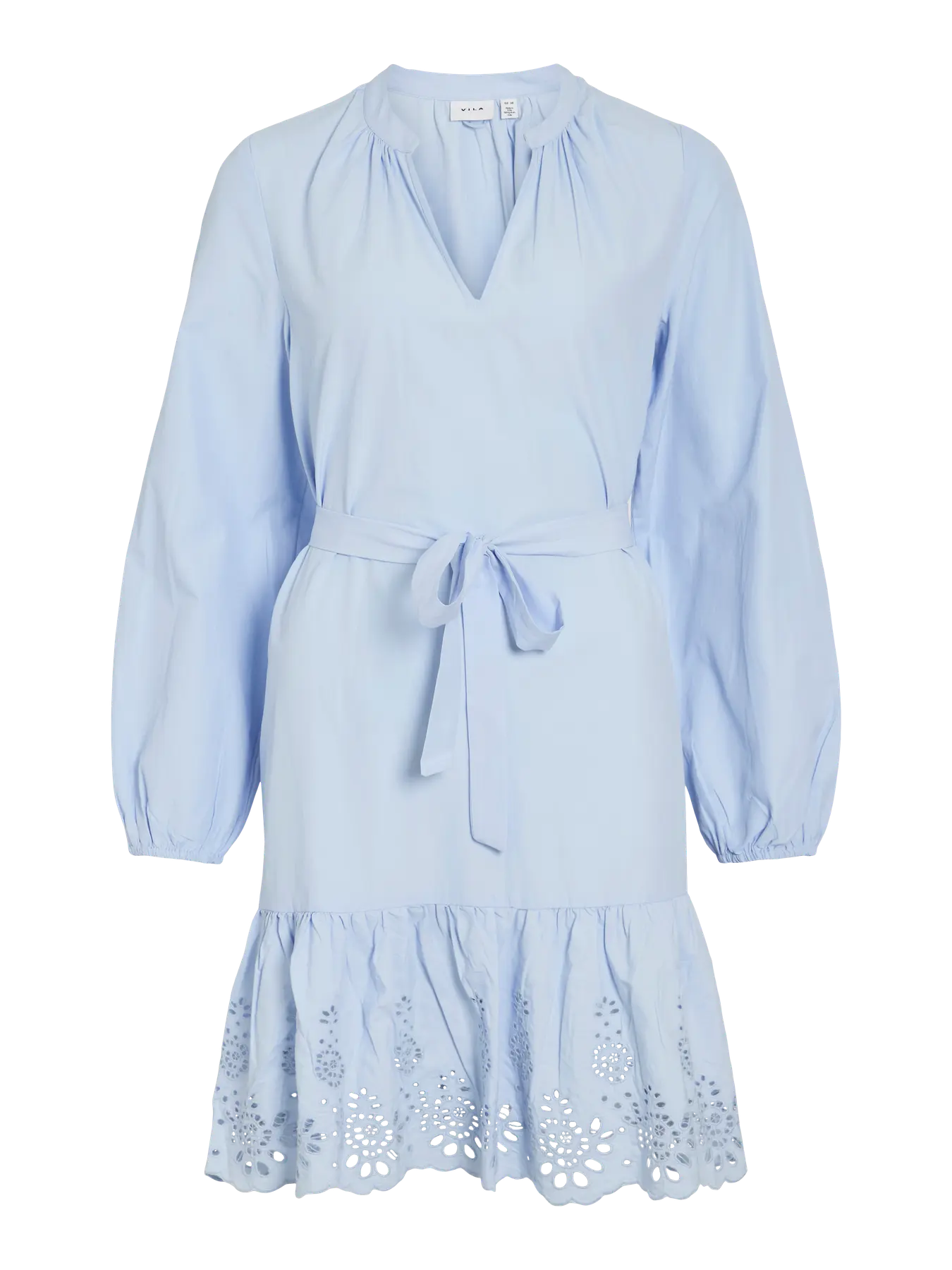 VIKELLI V-NECK L/S DRESS - lys blå m/blonder og bindebånd