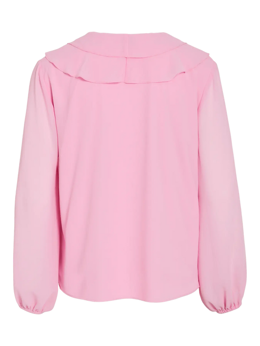 VIANE L/S V-NECK FRILL TOP - lyserød m/flæser