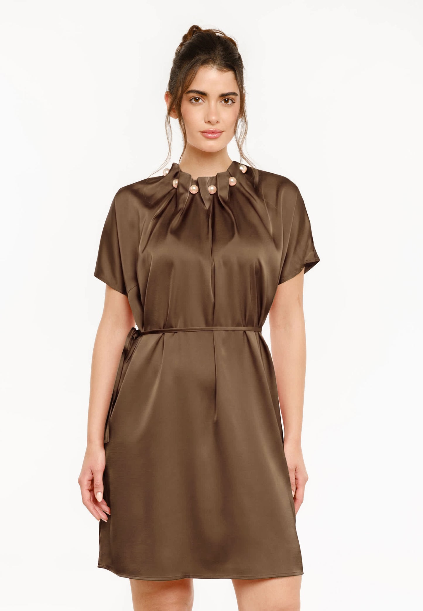 LB PIS SS PEARL DRESS - BROWN