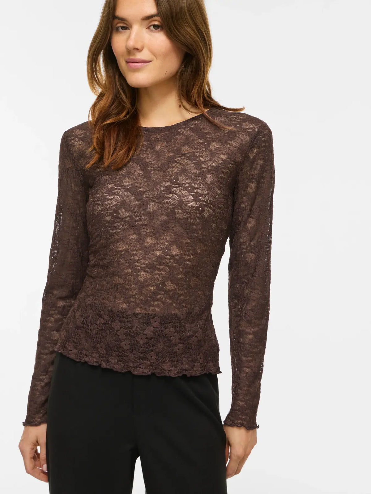 VL VIFAY - O-NECK MESH BLUSE - BRUN M/MØNSTER