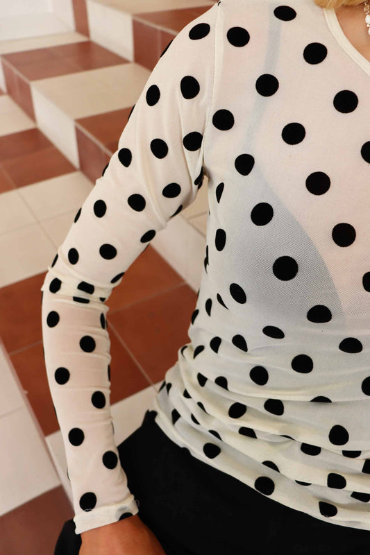 LB Mesh bluse - black big flock dot - hvid m/sort