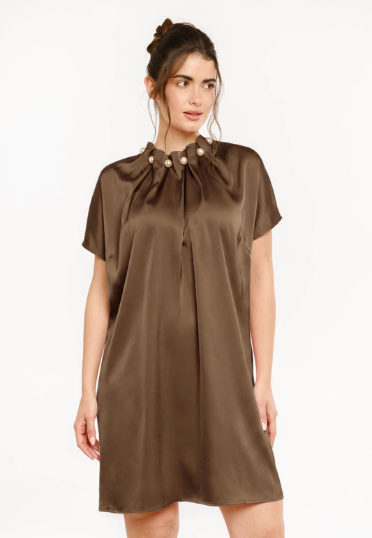 LB PIS SS PEARL DRESS - BROWN