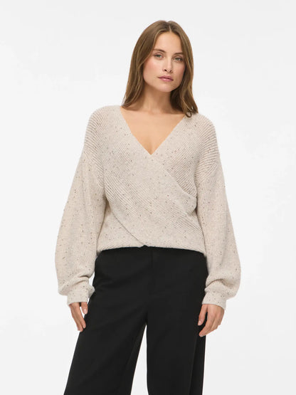 VL VISULVANA REV V-NECK L/S KNIT -Super Light Grey Melange MULTI LUREX