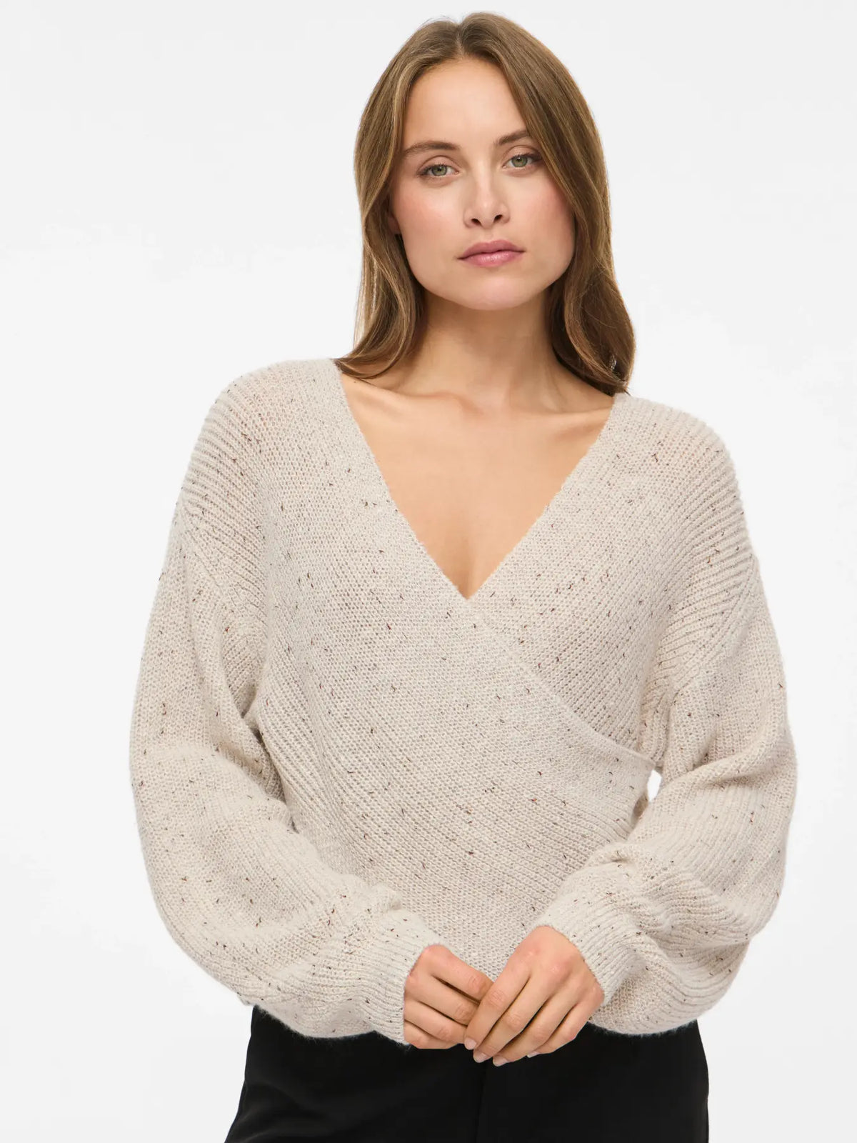 VL VISULVANA REV V-NECK L/S KNIT -Super Light Grey Melange MULTI LUREX