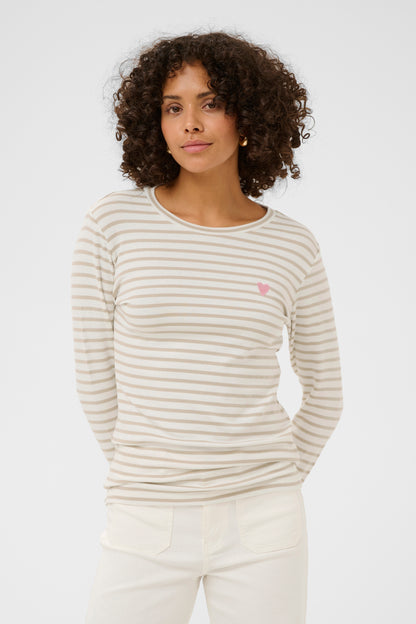 KA Liddy T-shirt m/lange ærmer - hvid/beige striber