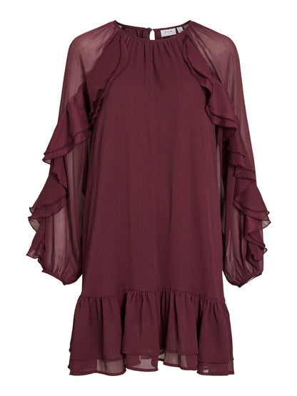 VL VIBINNA O-NECK L/S FRILL DRESS - Bordaux