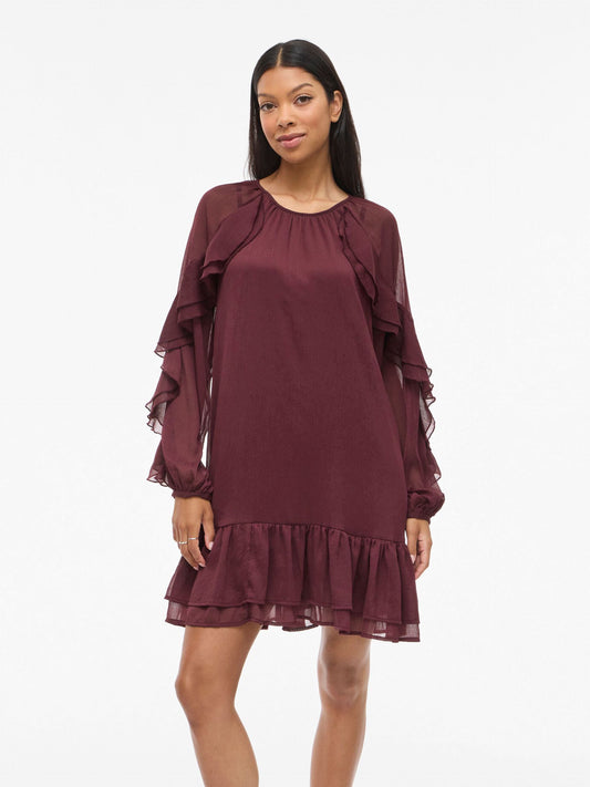VL VIBINNA O-NECK L/S FRILL DRESS - Bordaux