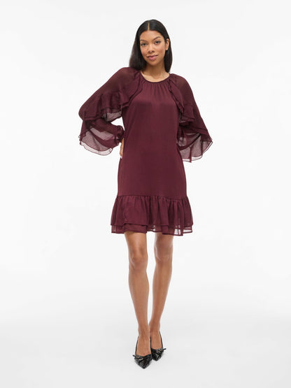 VL VIBINNA O-NECK L/S FRILL DRESS - Bordaux