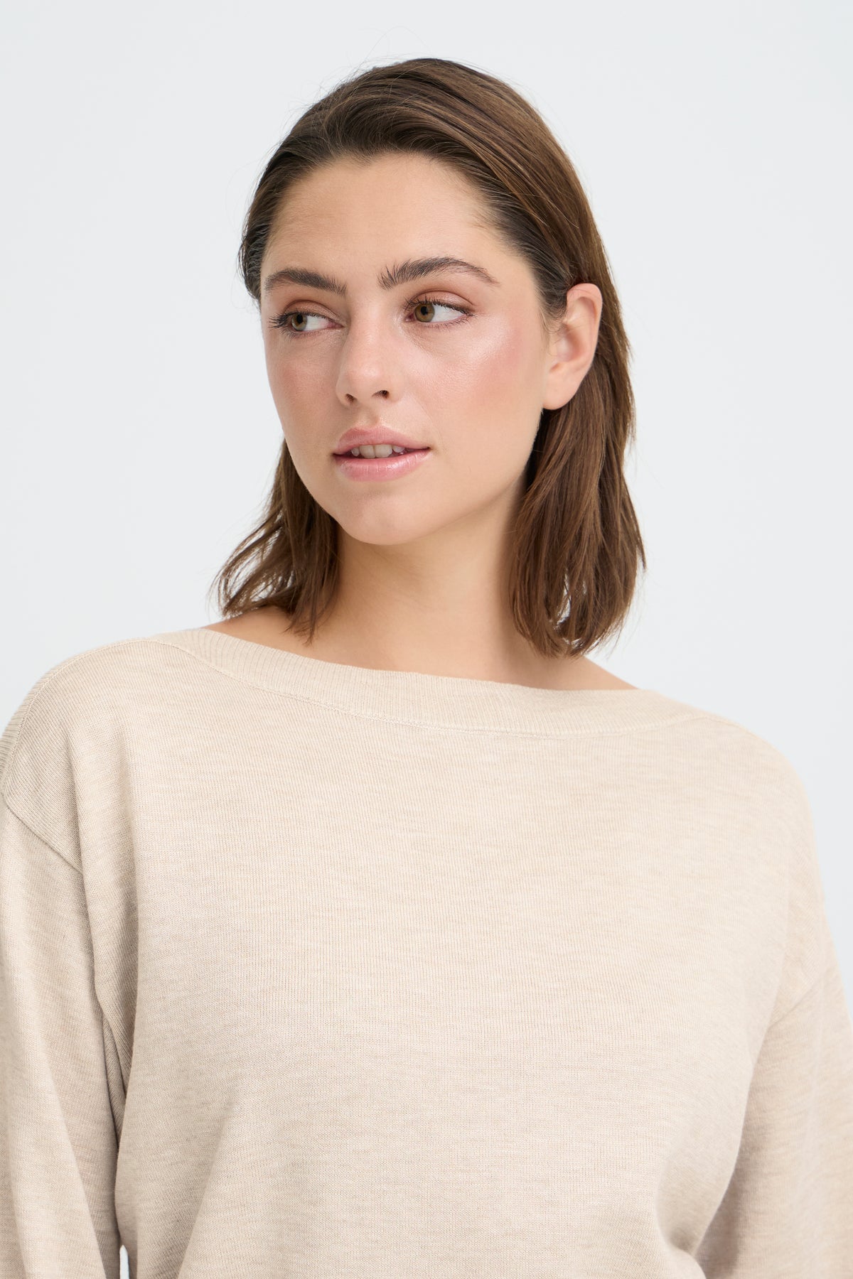 IC LULS BOAT NECK STRIK BLUSE - Oatmeal råhvid melange