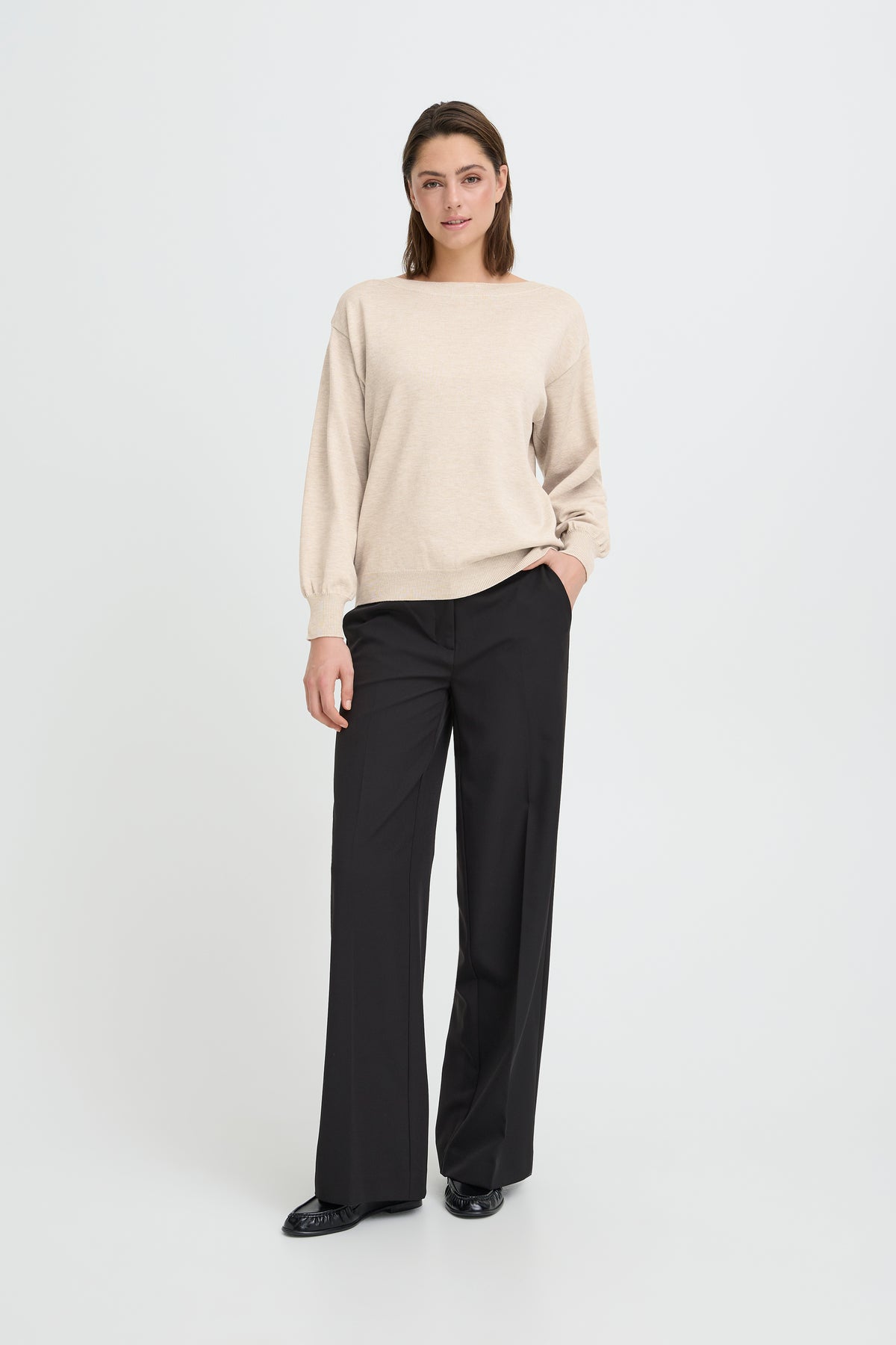 IC LULS BOAT NECK STRIK BLUSE - Oatmeal råhvid melange