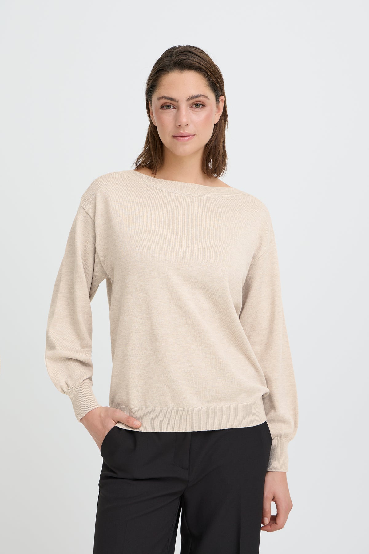 IC LULS BOAT NECK STRIK BLUSE - Oatmeal råhvid melange