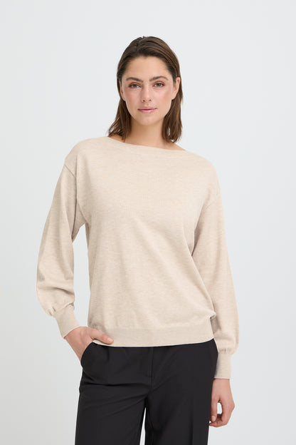 IC LULS BOAT NECK STRIK BLUSE - Oatmeal råhvid melange