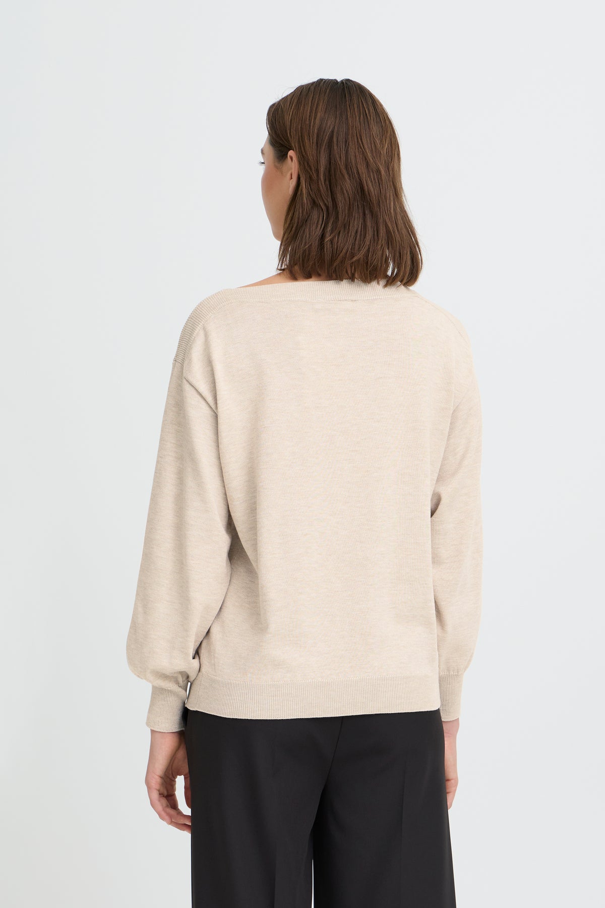 IC LULS BOAT NECK STRIK BLUSE - Oatmeal råhvid melange