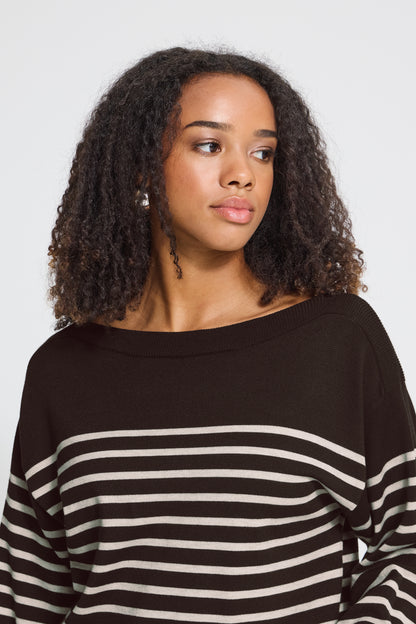 IC LULS BOAT NECK STRIK BLUSE - Chocolate strib