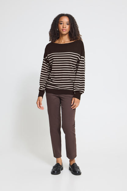 IC LULS BOAT NECK STRIK BLUSE - Chocolate strib