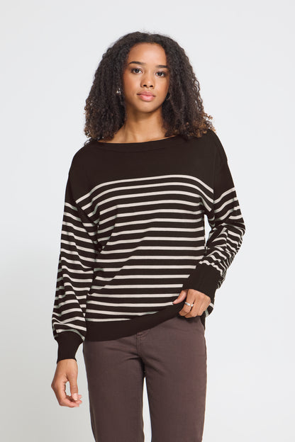 IC LULS BOAT NECK STRIK BLUSE - Chocolate strib