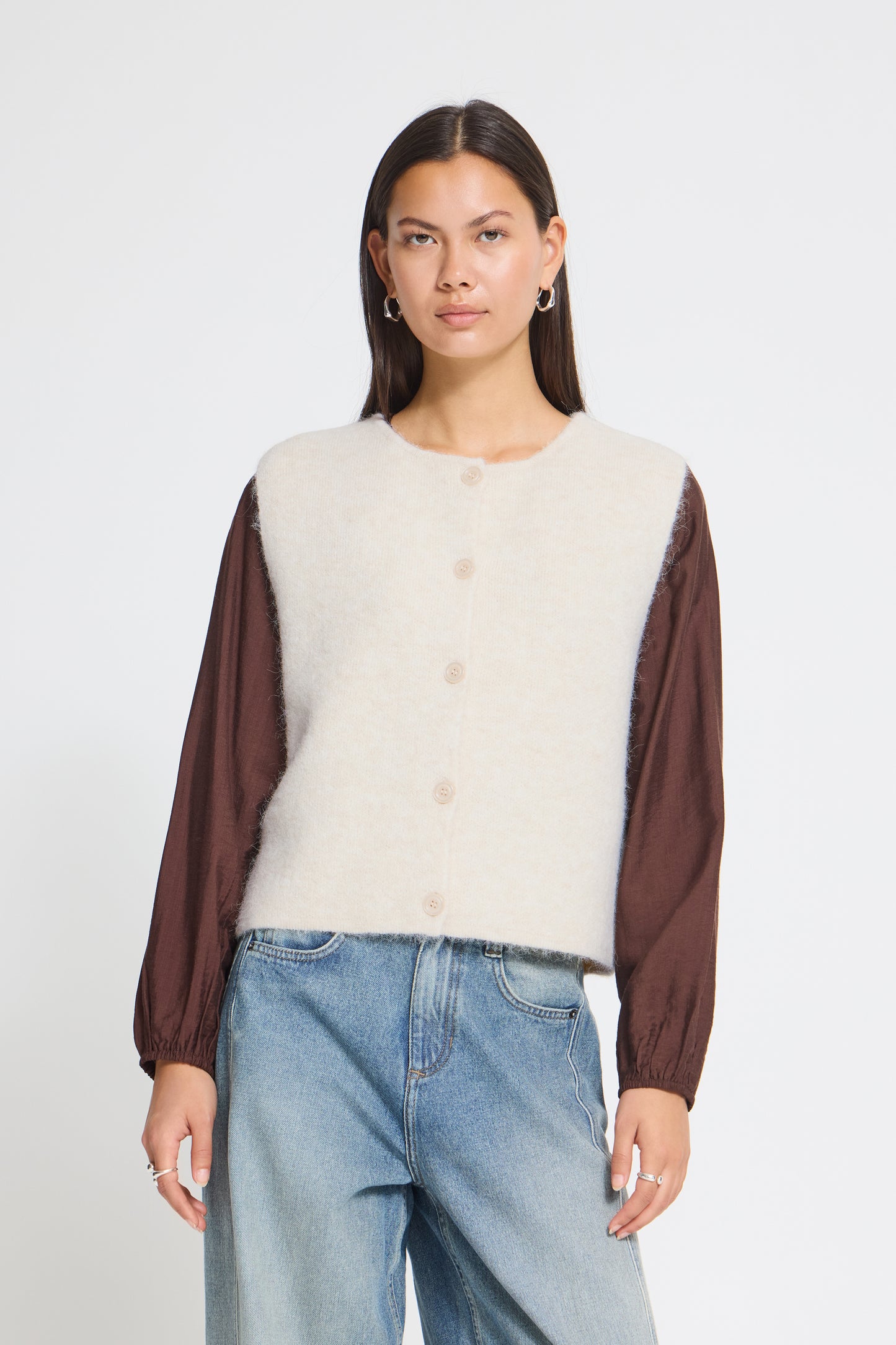 IC PANORA Strik vest - birch melange råhvid