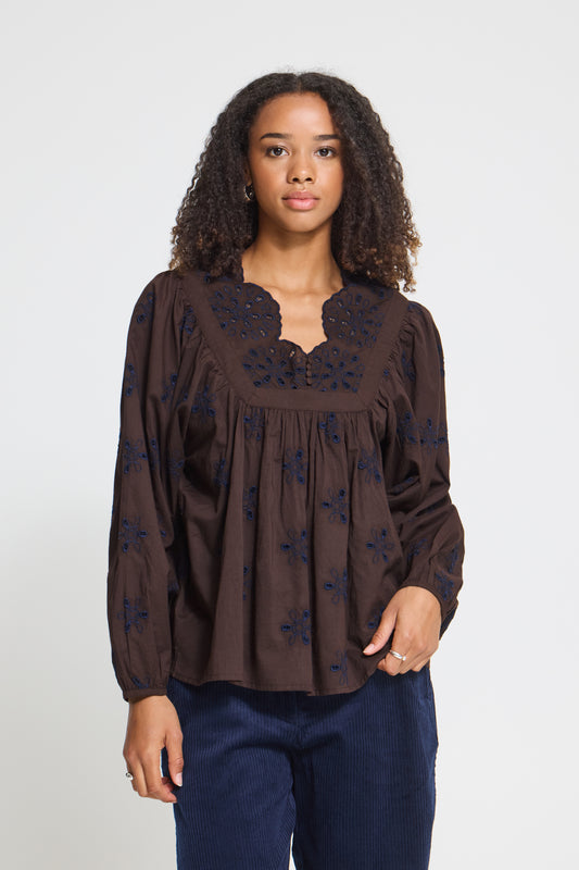IC HEISA Shirt - bluse - Coffee Bean m/blå broderi