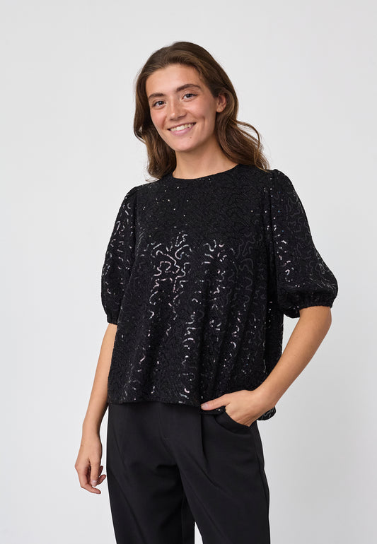SP GEMBA-SS2 - Bluse - sort m/pailletter og korte ærmer