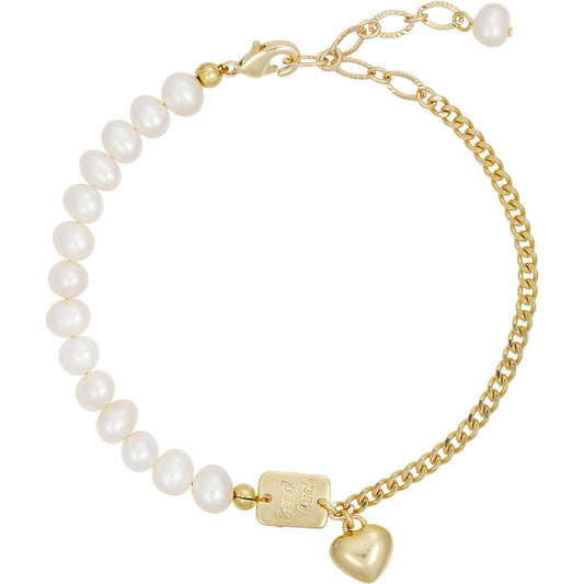 TS Sila Bracelet - halv ferskvands perler - halv forgyldt og m/hjerte