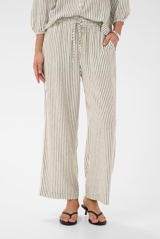 KA Milia Cropped wide hør pants - white/black stripe