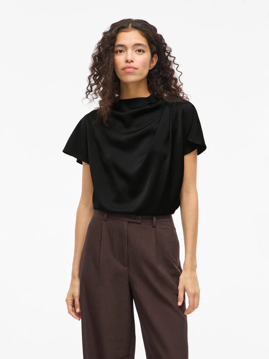 VL VIELMINA FUNNEL NECK S/S BLUSE TOP - black