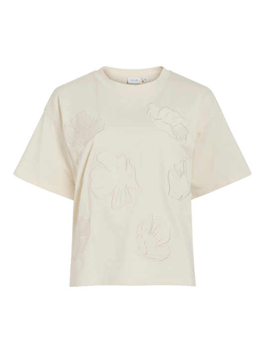 VL VIKRON EMB O-NECK S/S TOP - creme m/broderi