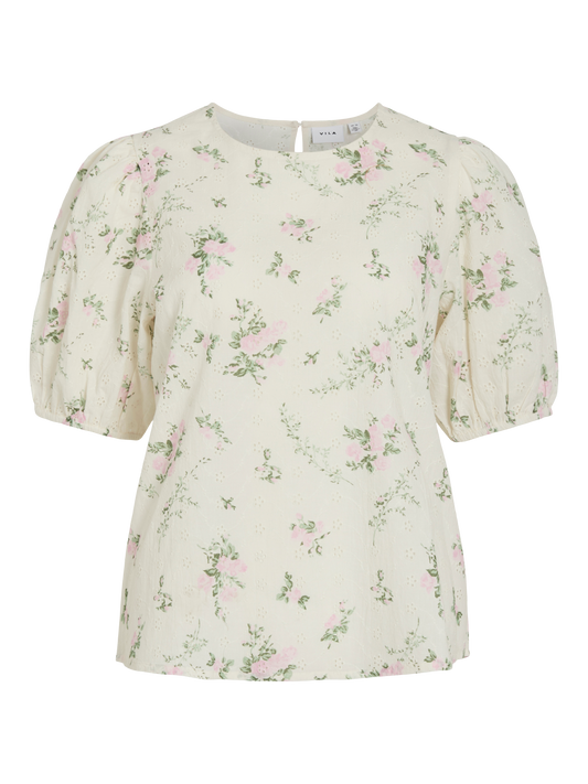 VL VIMIADA O-NECK 2/4 TOP - hvid m/blomsterprint