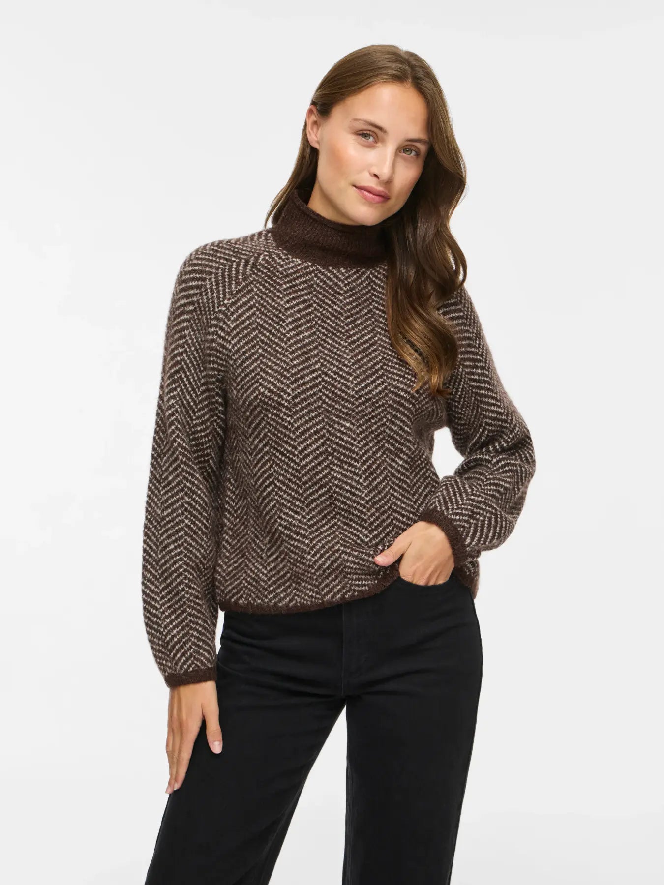 VL VILORY HIGH NECK L/S KNIT TOP STRIK BLUSE - BRUNLIG