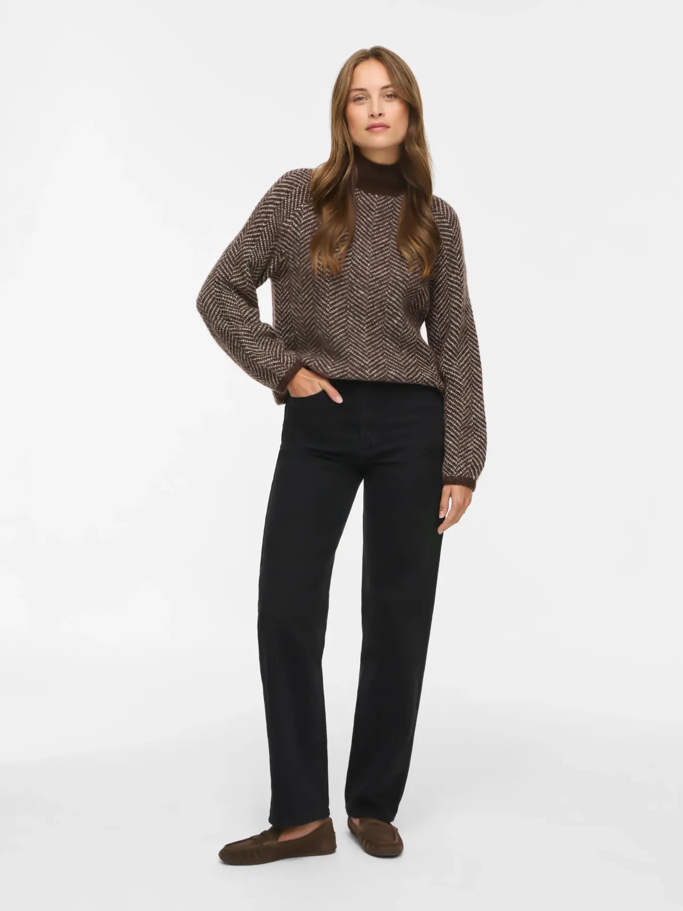 VL VILORY HIGH NECK L/S KNIT TOP STRIK BLUSE - BRUNLIG