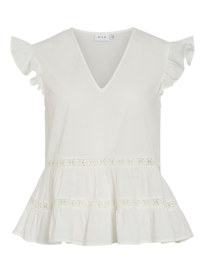 VL VIHUMILA V-NECK S/L FRILL TOP - HVID