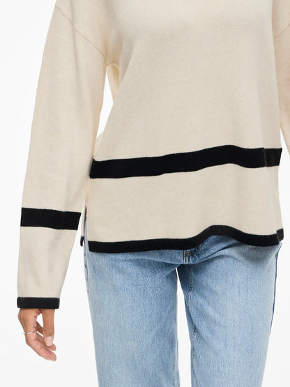 VL VIRIL O-NECK OVERSIZE L/S KNIT TOP - beige m/sort strib