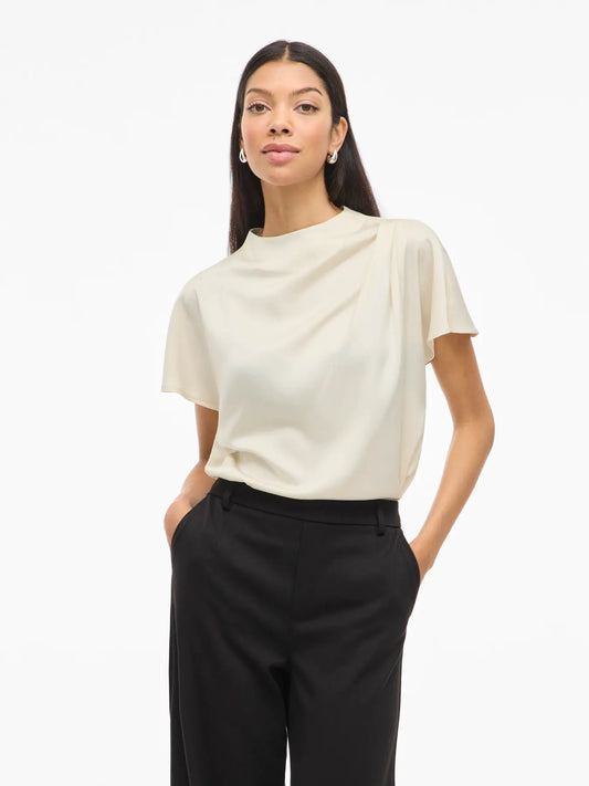 VL VIELMINA FUNNEL NECK S/S BLUSE TOP - white/cream