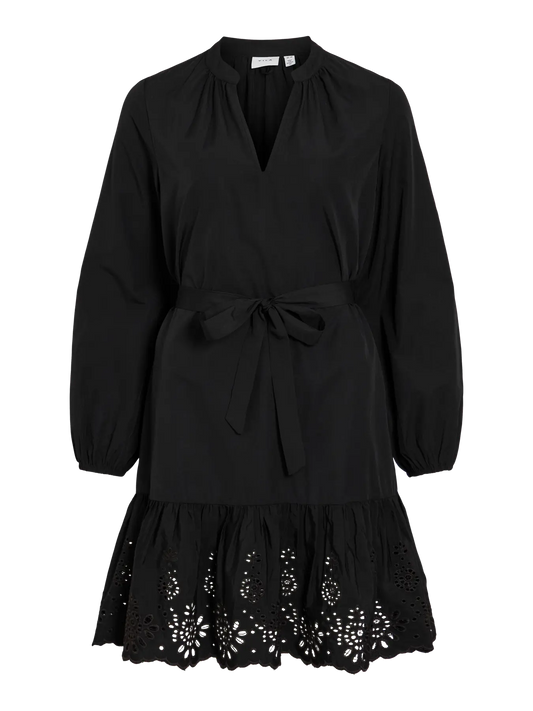 VIKELLI V-NECK L/S  DRESS - sort m/blonder og bindebånd
