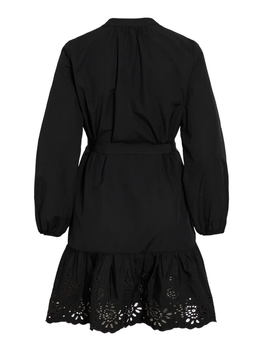 VIKELLI V-NECK L/S  DRESS - sort m/blonder og bindebånd