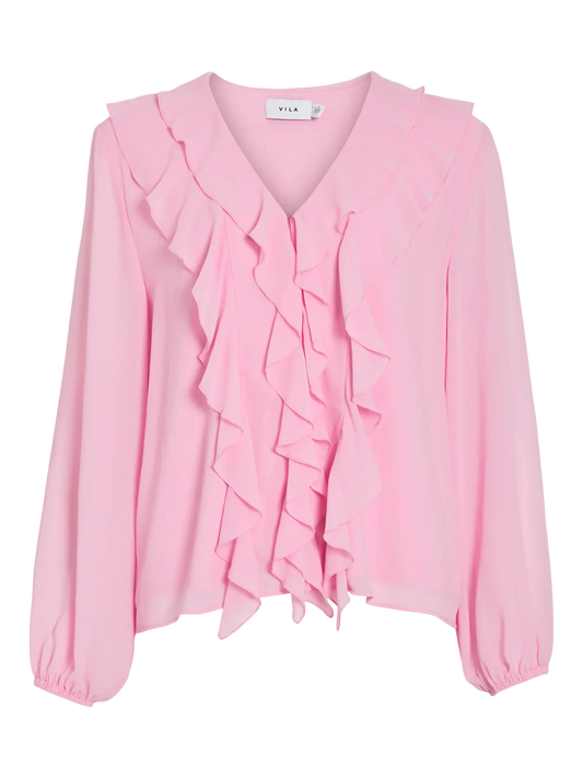 VIANE L/S V-NECK FRILL TOP - lyserød m/flæser