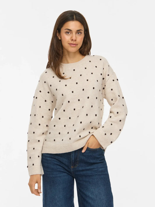 VL VILIGA L/S O-NECK DOT KNIT -Birch COFFEE BEAN DOTS