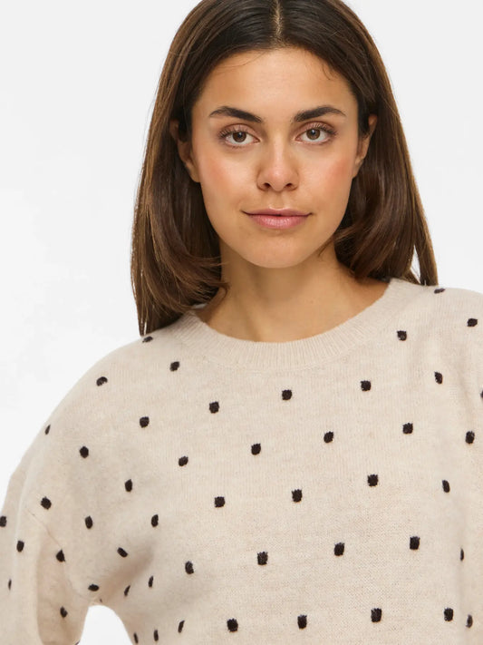 VL VILIGA L/S O-NECK DOT KNIT -Birch COFFEE BEAN DOTS