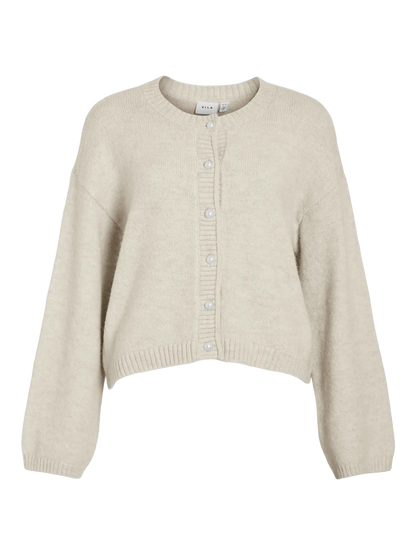 VIFOLI O-NECK L/S BUTTON KNIT CARDIGAN - BIEGE