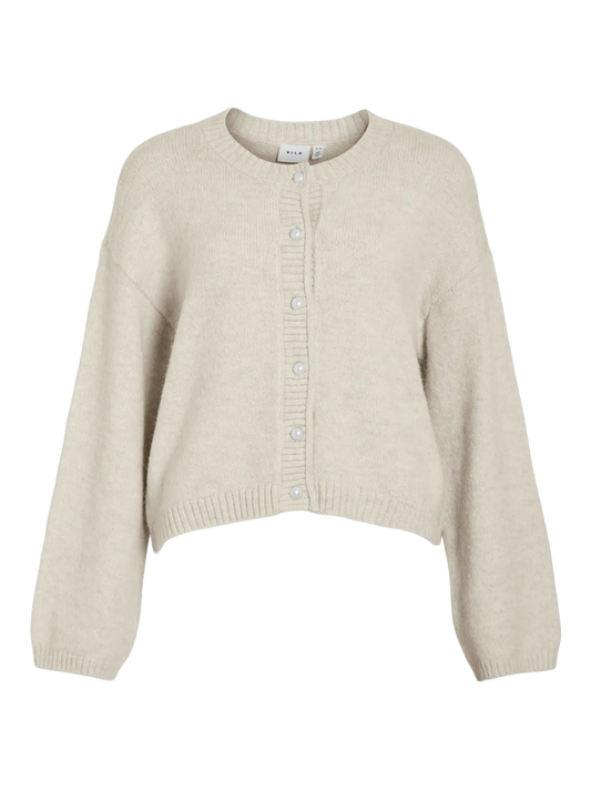 VIFOLI O-NECK L/S BUTTON KNIT CARDIGAN - BIEGE