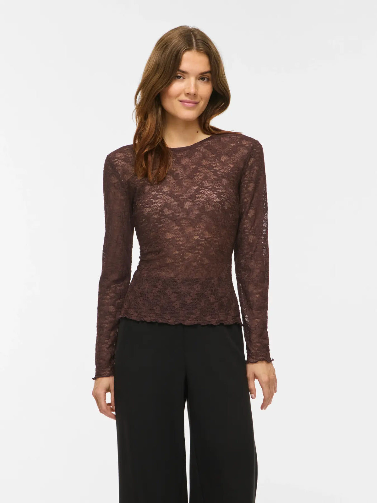 VL VIFAY - O-NECK MESH BLUSE - BRUN M/MØNSTER