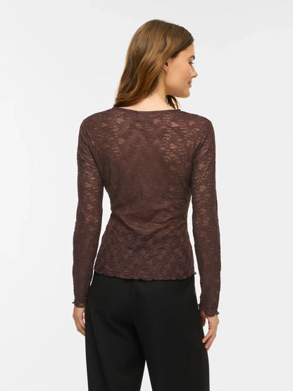 VL VIFAY - O-NECK MESH BLUSE - BRUN M/MØNSTER