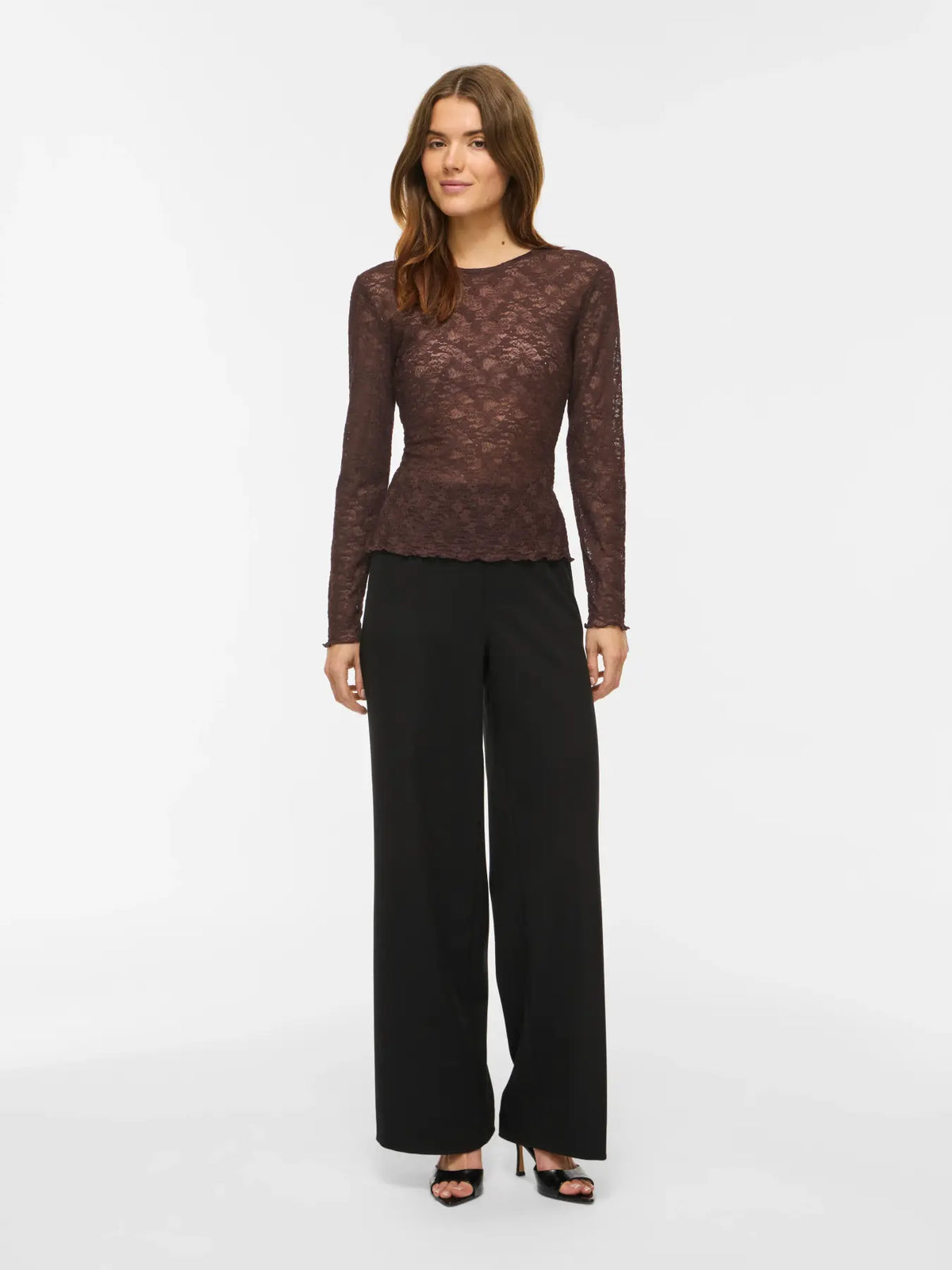 VL VIFAY - O-NECK MESH BLUSE - BRUN M/MØNSTER