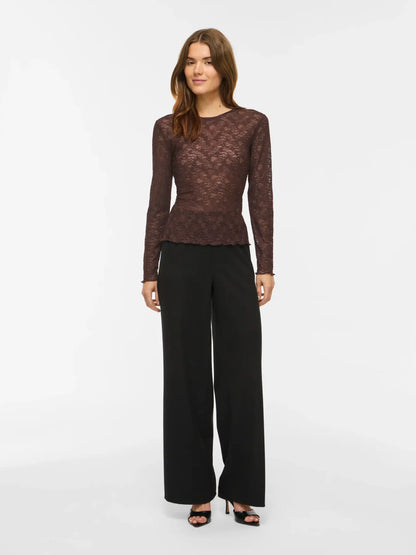 VL VIFAY - O-NECK MESH BLUSE - BRUN M/MØNSTER